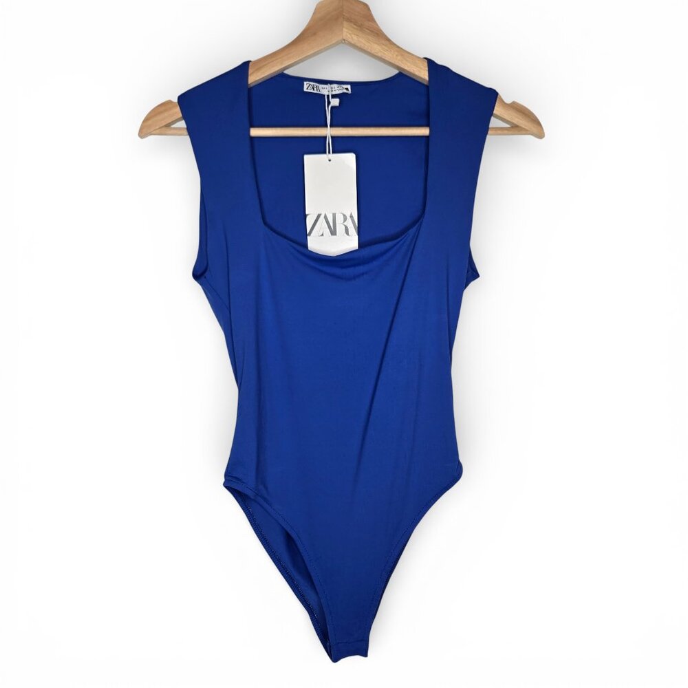 NWT Zara Royal Blue Bodysuit Women Snap Crotch Boxy‎ Chest Base Layer S